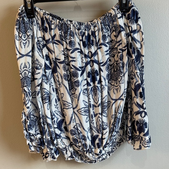 Floral Off-Shoulder Blouse - Blue and White - Picture 1 of 3